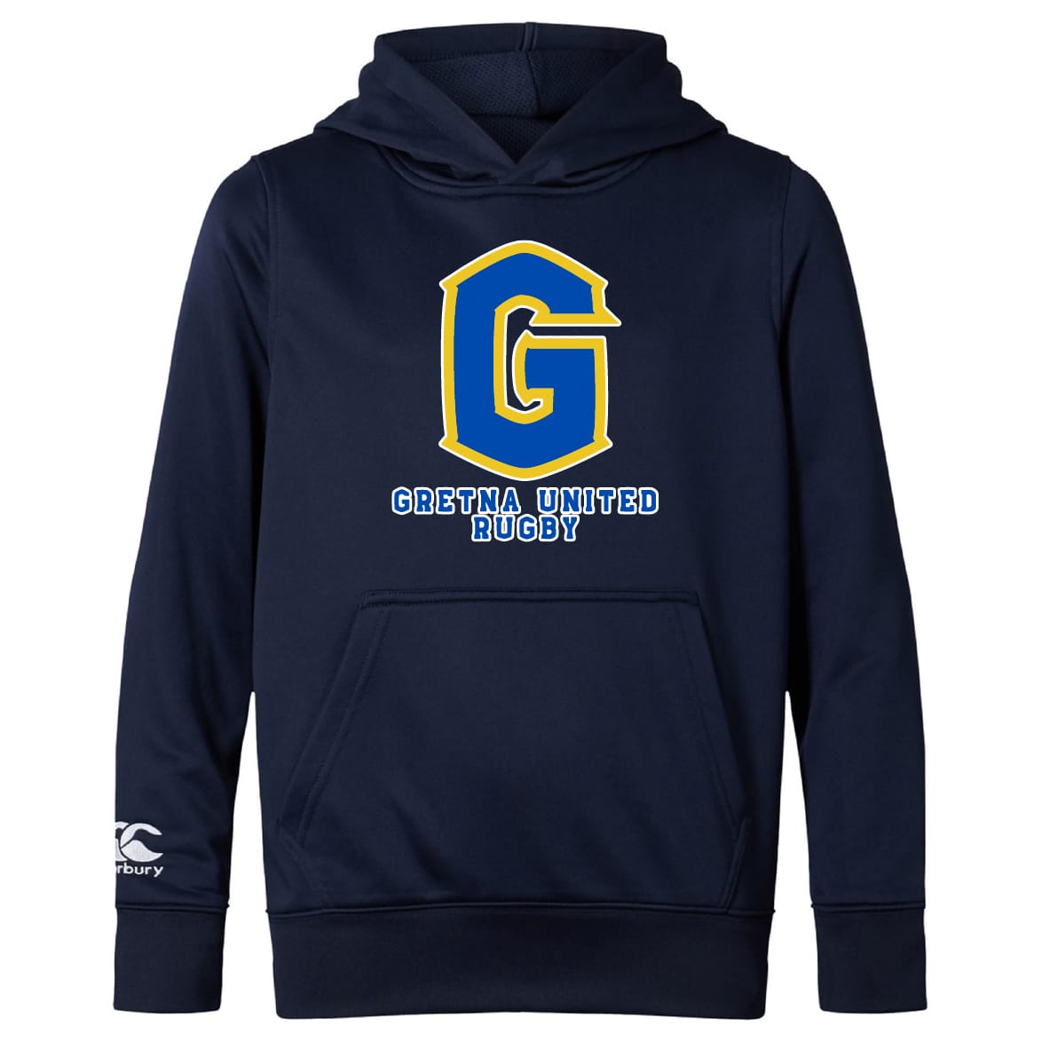 The Gretna United Rugby Club Lightweight Hoodie by WRS Canterbury features blue fabric, a yellow letter, and a practical kangaroo pocket for both style and comfort.