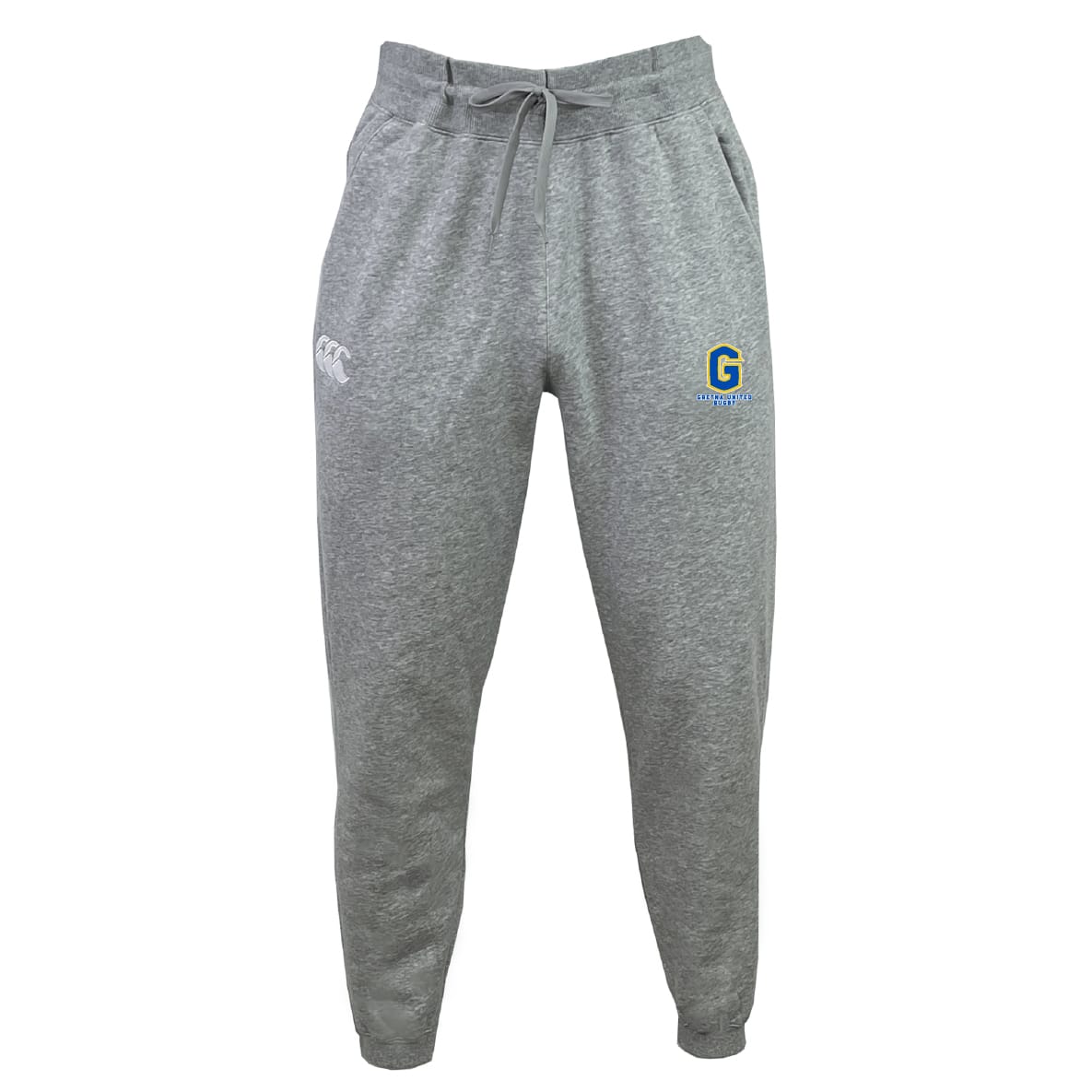 The Gretna United Rugby Leisure Sweatpant by Canterbury features an elastic waistband, drawstring, side pockets, and two front logos (white left, blue/yellow right). Made from soft sustainable fleece for comfort. Brand: EMB Canterbury.