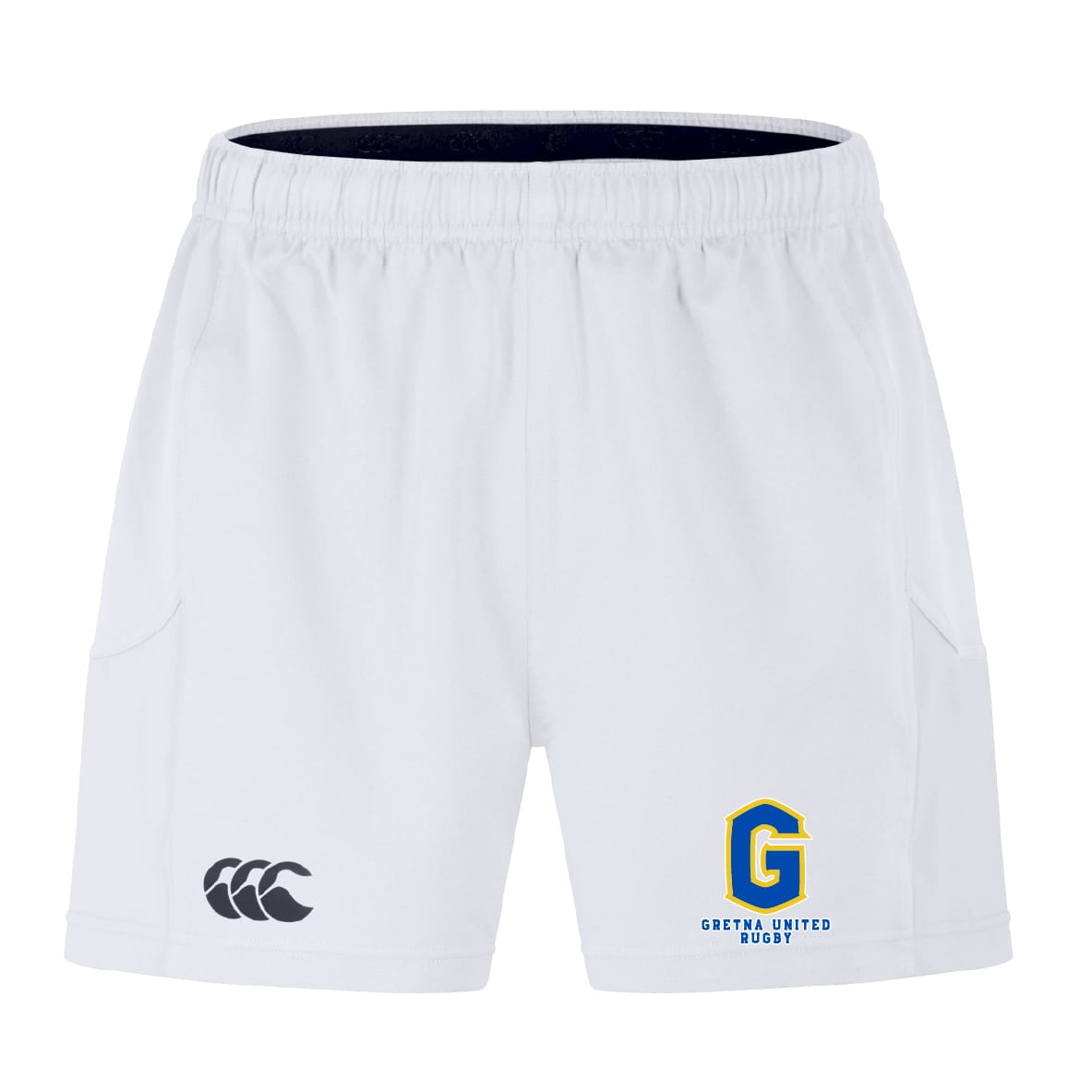 The Gretna United Rugby Advantage Short 2.0 by EMB Canterbury features an elastic waistband, Canterbury logo on the left leg, Gretna United Rugby logo on the right, and is made with recycled content for sustainability.