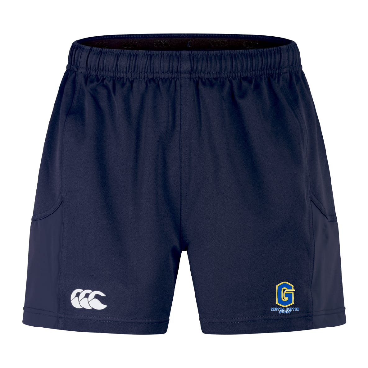 The EMB Canterbury Gretna United Rugby Advantage Short 2.0 features navy blue recycled fabric, an elastic waistband, a white Canterbury logo on the left leg, and a yellow "G" Griffith College logo on the right leg for comfort and sustainability.
