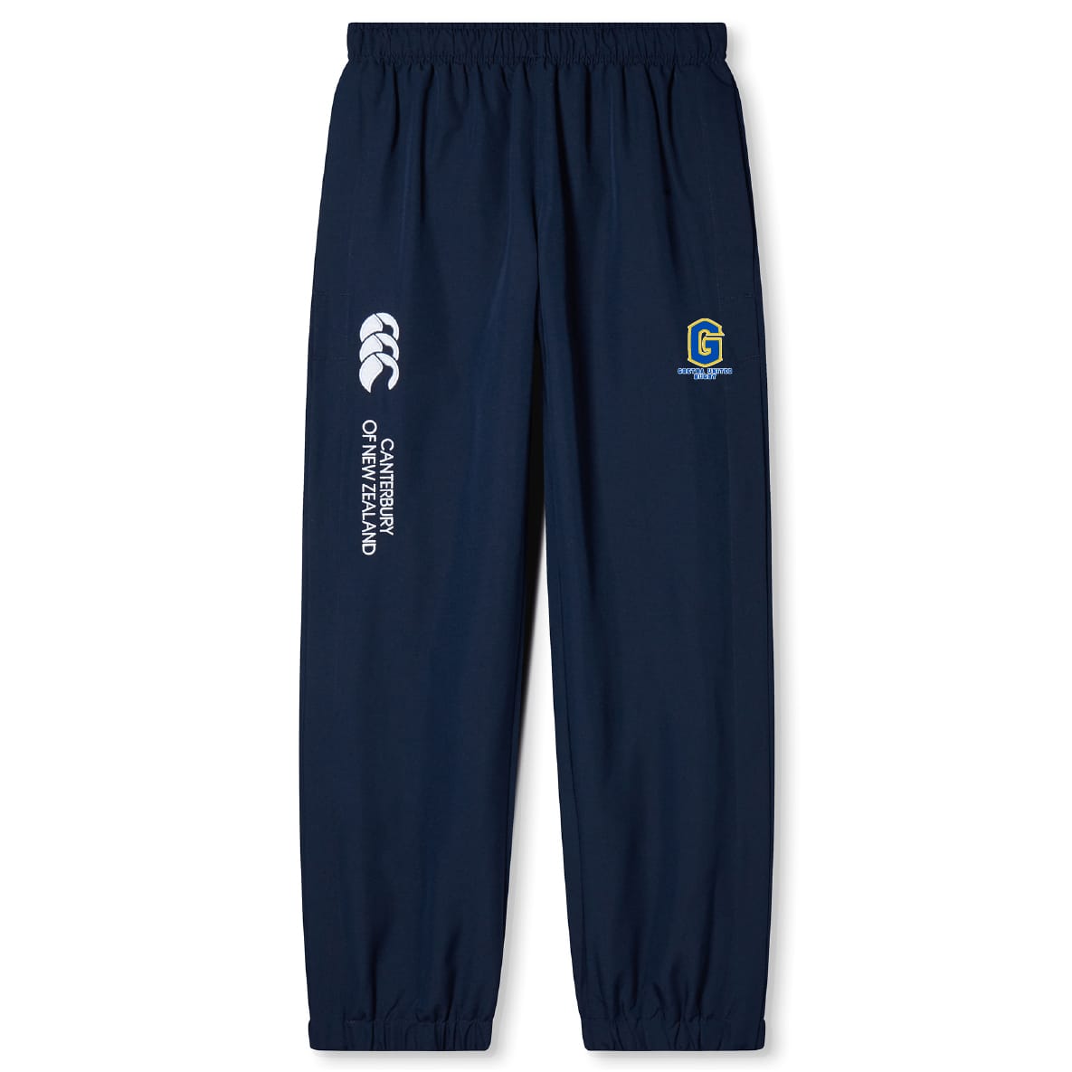 The Gretna United Rugby Cuffed Hem Stadium Pant by EMB Canterbury features an elastic waistband, cuffs, and CG monogram logos on the left leg—ideal men's rugby pants for comfort and style.