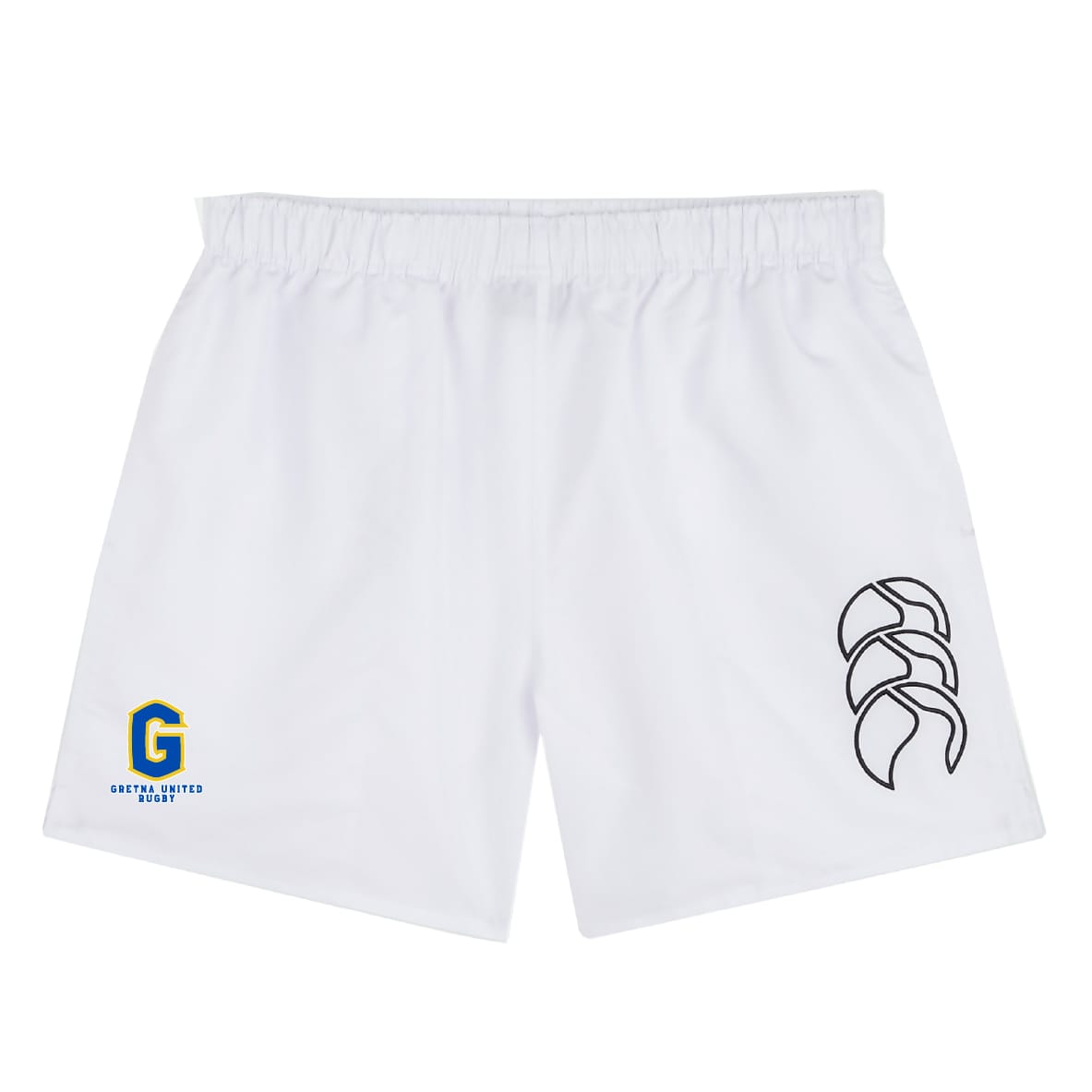 The Gretna United Rugby Tactic Short by EMB Canterbury features an elastic waistband, blue and yellow "G" logo on the left leg, and a black abstract logo on the right—perfect for men's rugby fans.