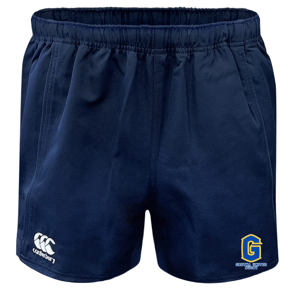 The Gretna United Rugby Advantage Rugby Shorts by EMB Canterbury feature an elastic waistband, CCC logo on the left leg, and a yellow-blue Goswil Sports Group emblem on the right leg for comfort and performance.