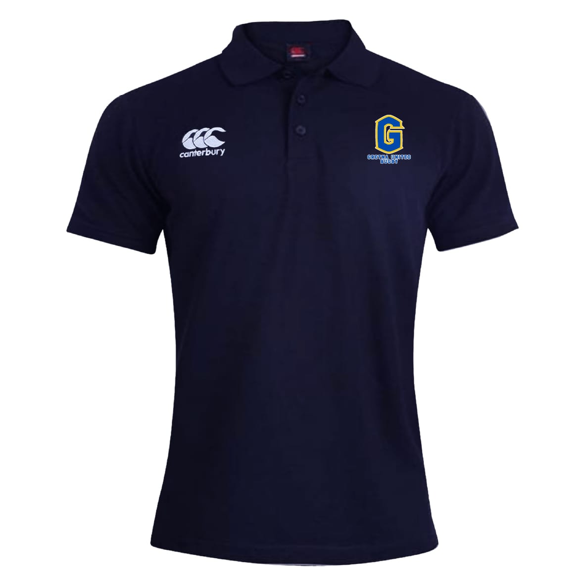 The Gretna United Rugby Waimak Polo by EMB Canterbury is a navy blue short-sleeve polo with a collar, featuring the Canterbury logo on the right chest and a "G" crest on the left chest.