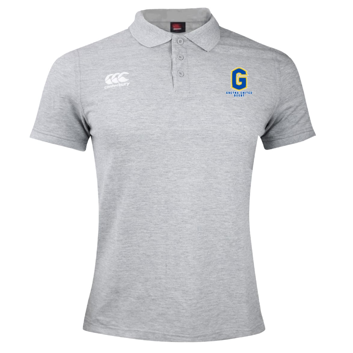 The Gretna United Rugby Waimak Polo by EMB Canterbury is a light gray men's polo with the classic CCC logo on the right chest and a blue and yellow "G" with "GRIFFITHS GATES" on the left, perfect for fans of rugby style.