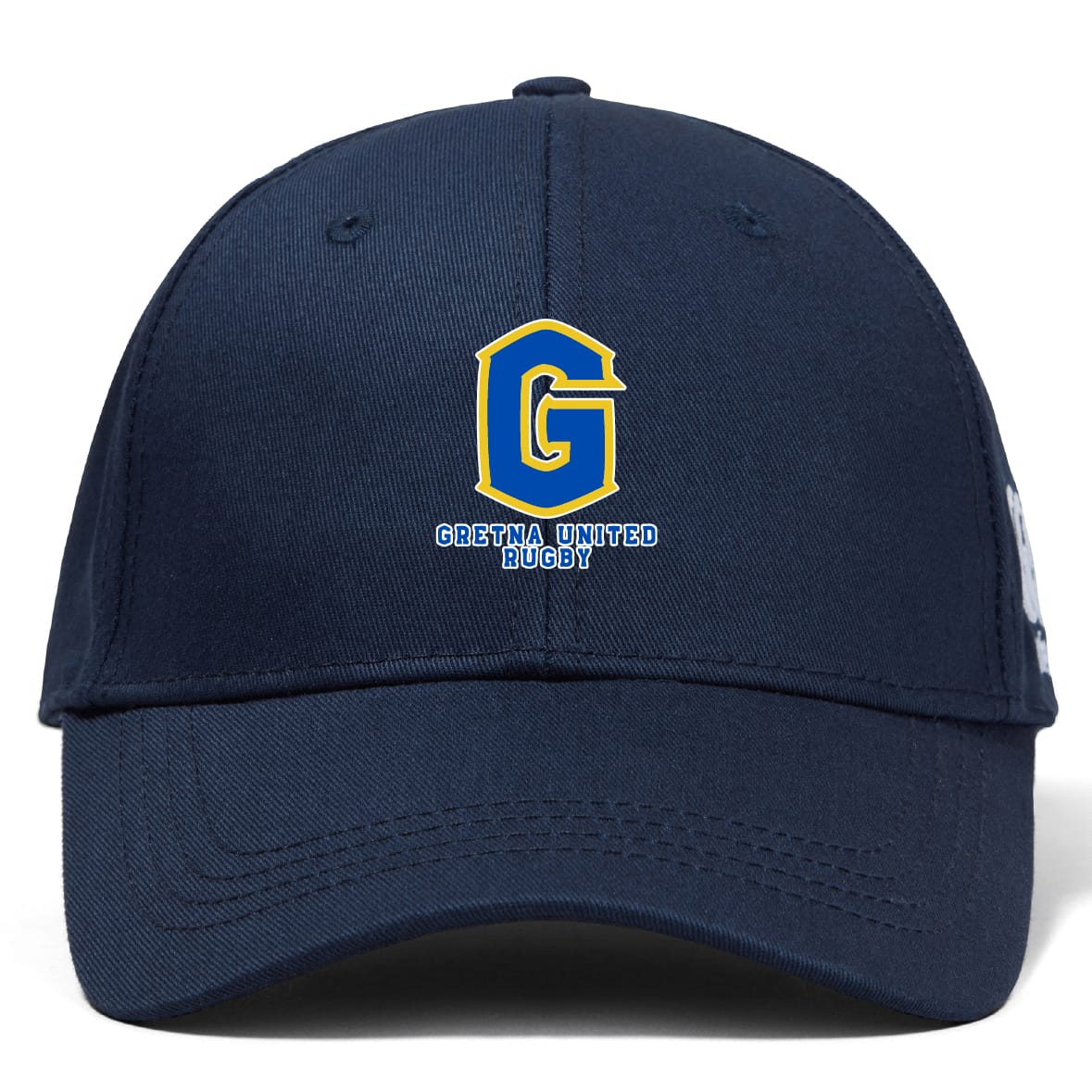 The EMB Canterbury Gretna United Rugby Flexfit Drill Cap features a navy blue design with a large yellow and blue embroidered "G" logo and "Gretna United Rugby" text on the front.
