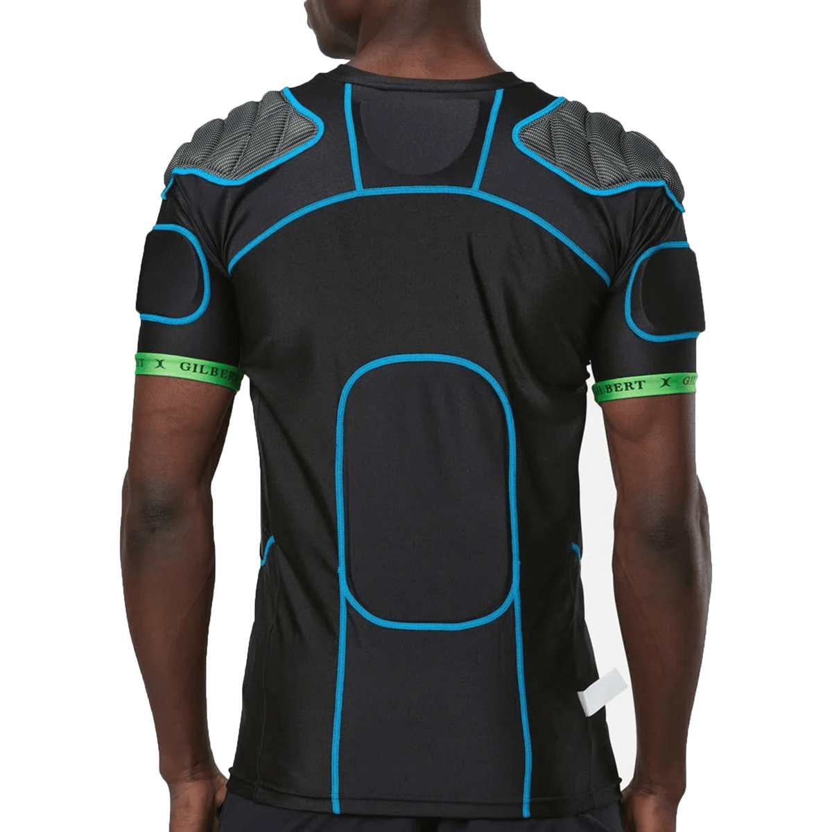 Back view of a person wearing the Gilbert XP500 Protective Body Armour, a black sports shirt with blue accents and padded shoulders, showcasing its ergonomic panel construction.