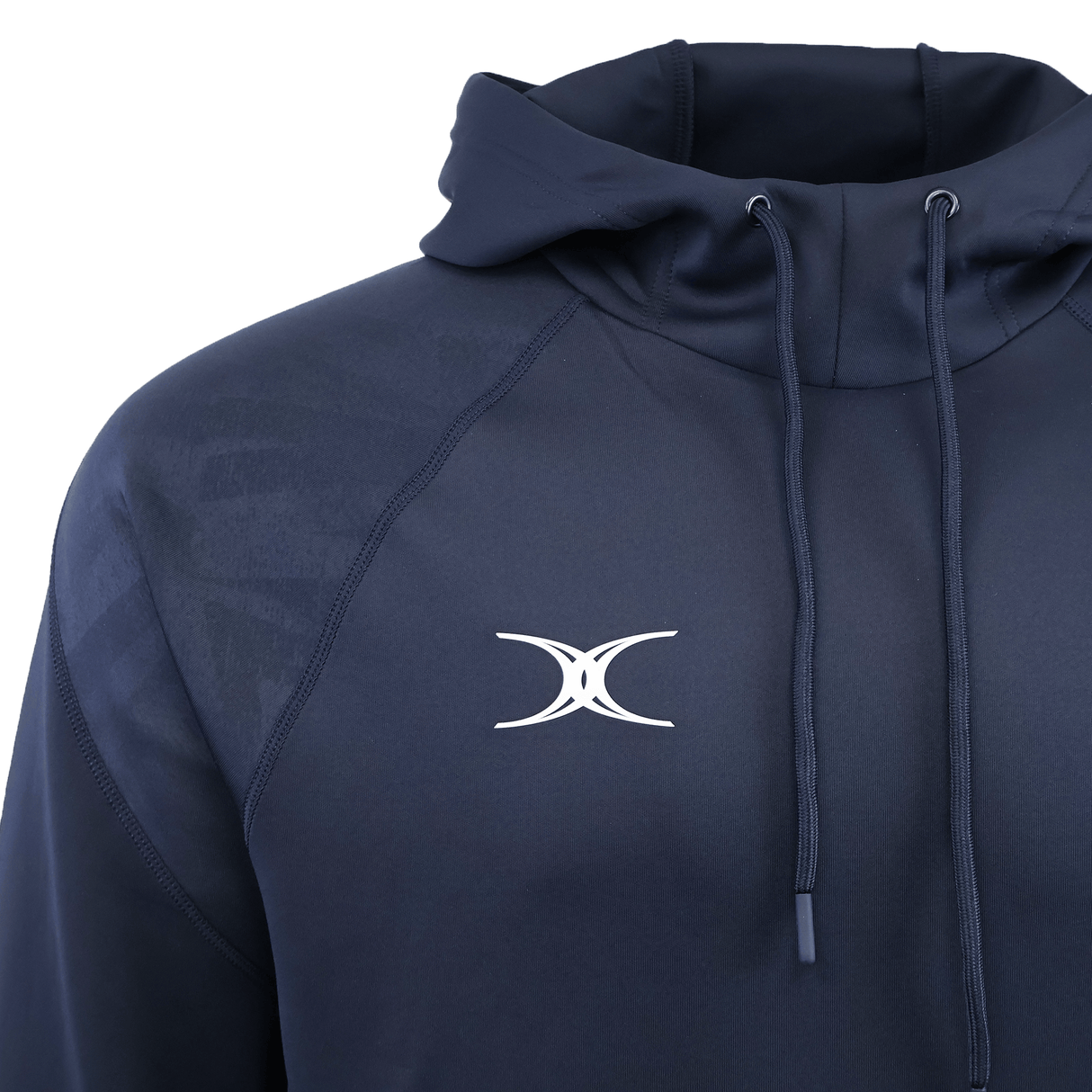 A close-up of the Gilbert GTS Pullover Hoodie, an athletic navy hoodie by Gilbert, featuring a drawstring hood and a white geometric logo on the chest.
