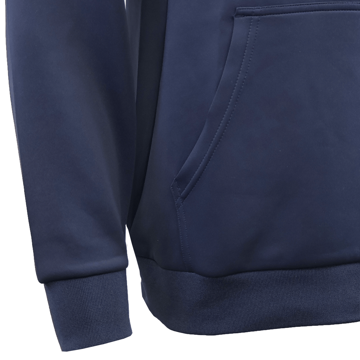 Close-up of the navy blue Gilbert GTS Pullover Hoodie by Gilbert, featuring a kangaroo pocket, ribbed cuff, and waistband—an athletic hoodie crafted for comfort and style.