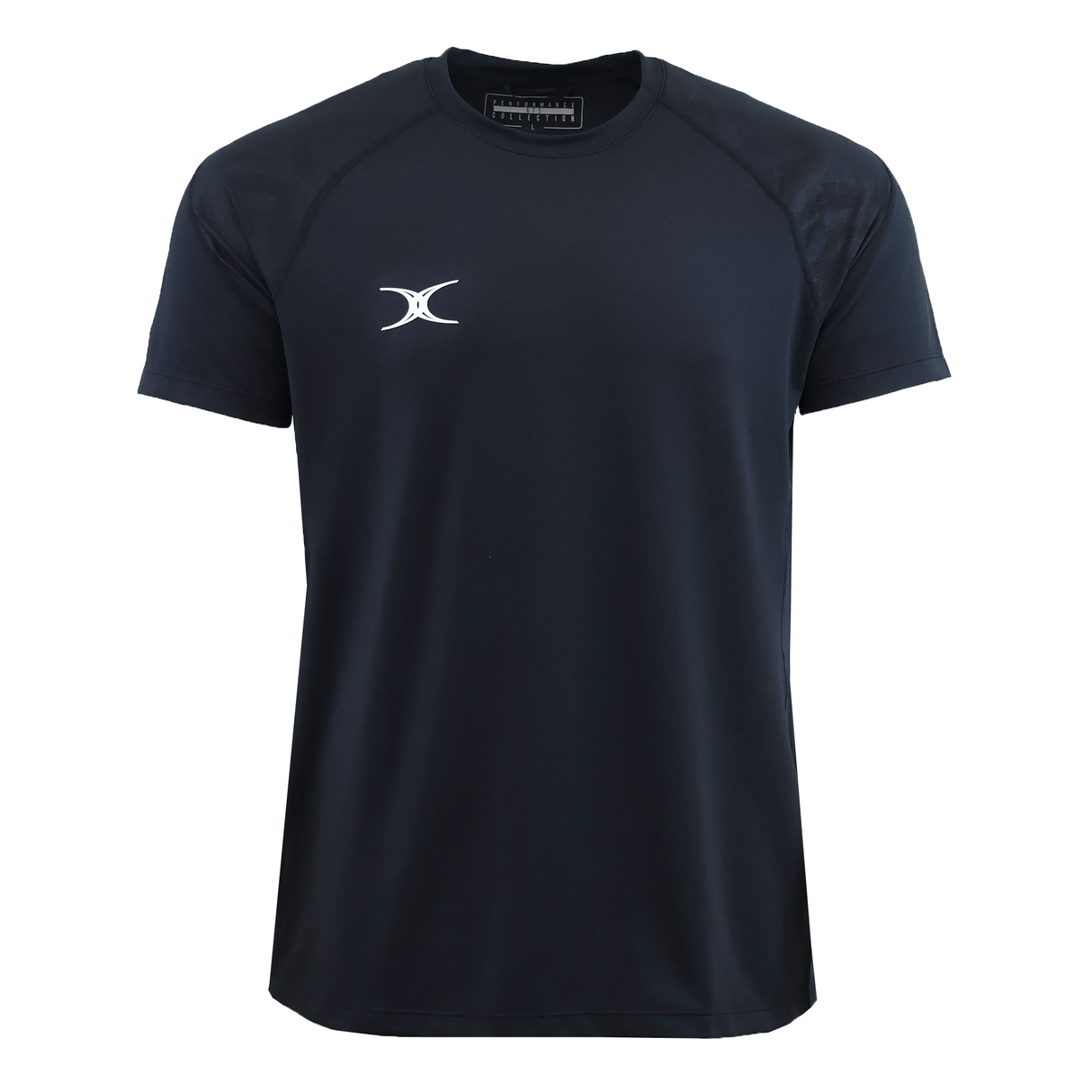 The Gilbert GTS Training Tee by Gilbert is a plain black short-sleeve athletic shirt with a small white logo on the left chest, crew neckline, and moisture-wicking fabric to keep you comfortable during workouts.