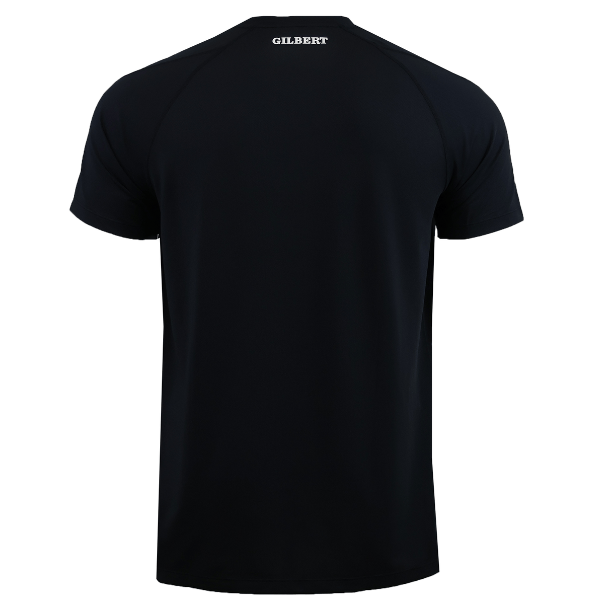 The Gilbert GTS Training Tee by Gilbert is a plain black, moisture-wicking short-sleeved T-shirt, shown from the back with "GILBERT" printed in white near the neck.