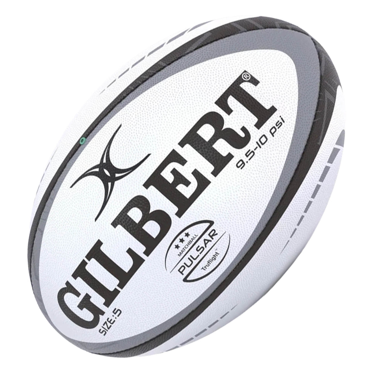 A Gilbert Pulsar Match Ball, size 5, featuring black and grey accents on a white background and labeled with “9.5-10 psi”—ideal for any rugby match—isolated on a white background.