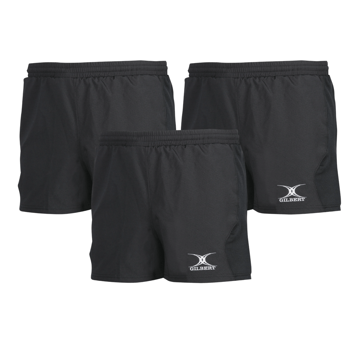 The Gilbert Virtuo Match Short 3-Pack Bundle by Bundle includes three pairs of black rugby shorts with elastic waistbands and the Gilbert logo on the front left leg.