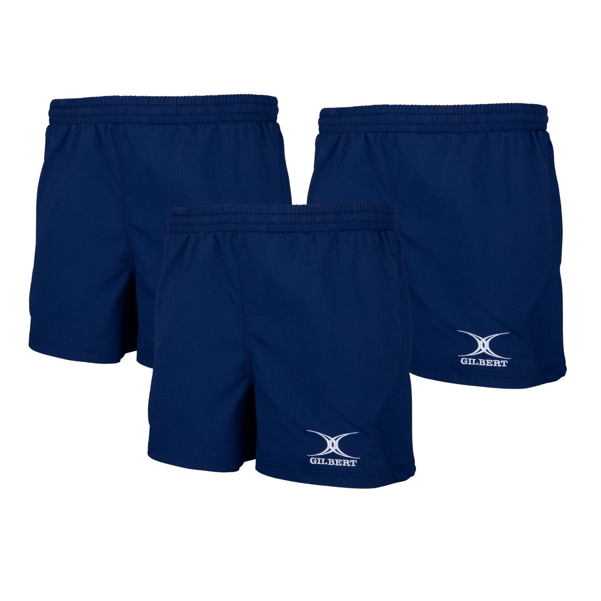 The Gilbert Virtuo Match Short 3-Pack Bundle offers three durable navy blue rugby shorts with elastic waistbands and a white Gilbert logo—ideal for training or matches.