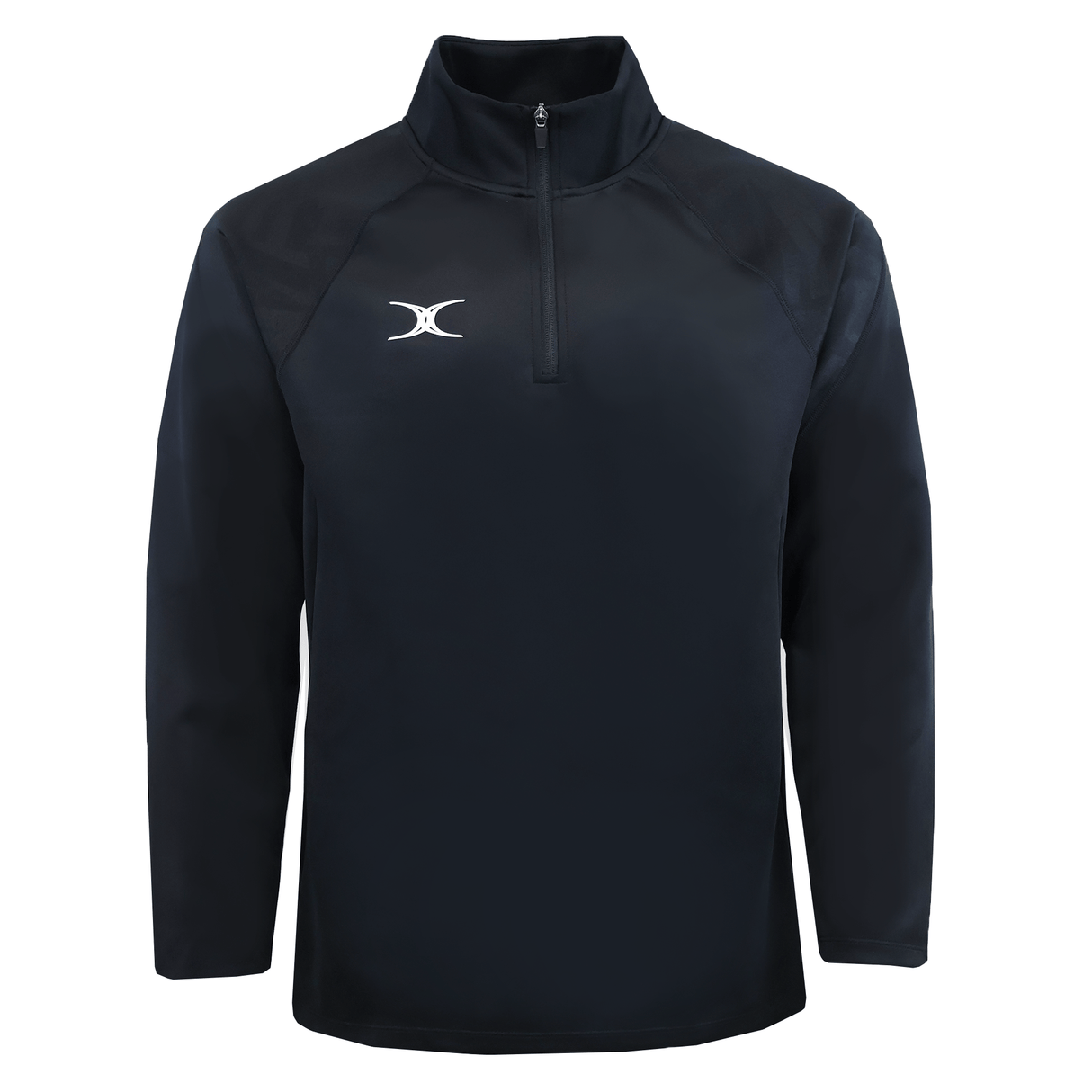 The Gilbert GTS 1/4 Zip Poly Pullover by Gilbert is a black long-sleeve top featuring a white logo on the left chest, shown on a plain white background.