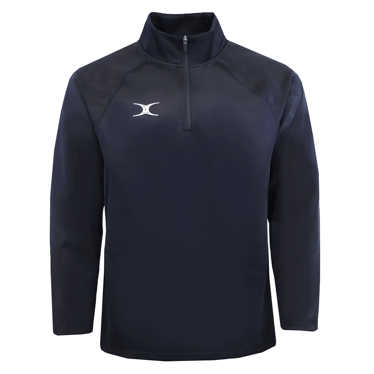 The Gilbert GTS 1/4 Zip Poly Pullover by Gilbert features navy blue fabric, a white left chest logo, and a standing collar—making it an ideal rugby training top.