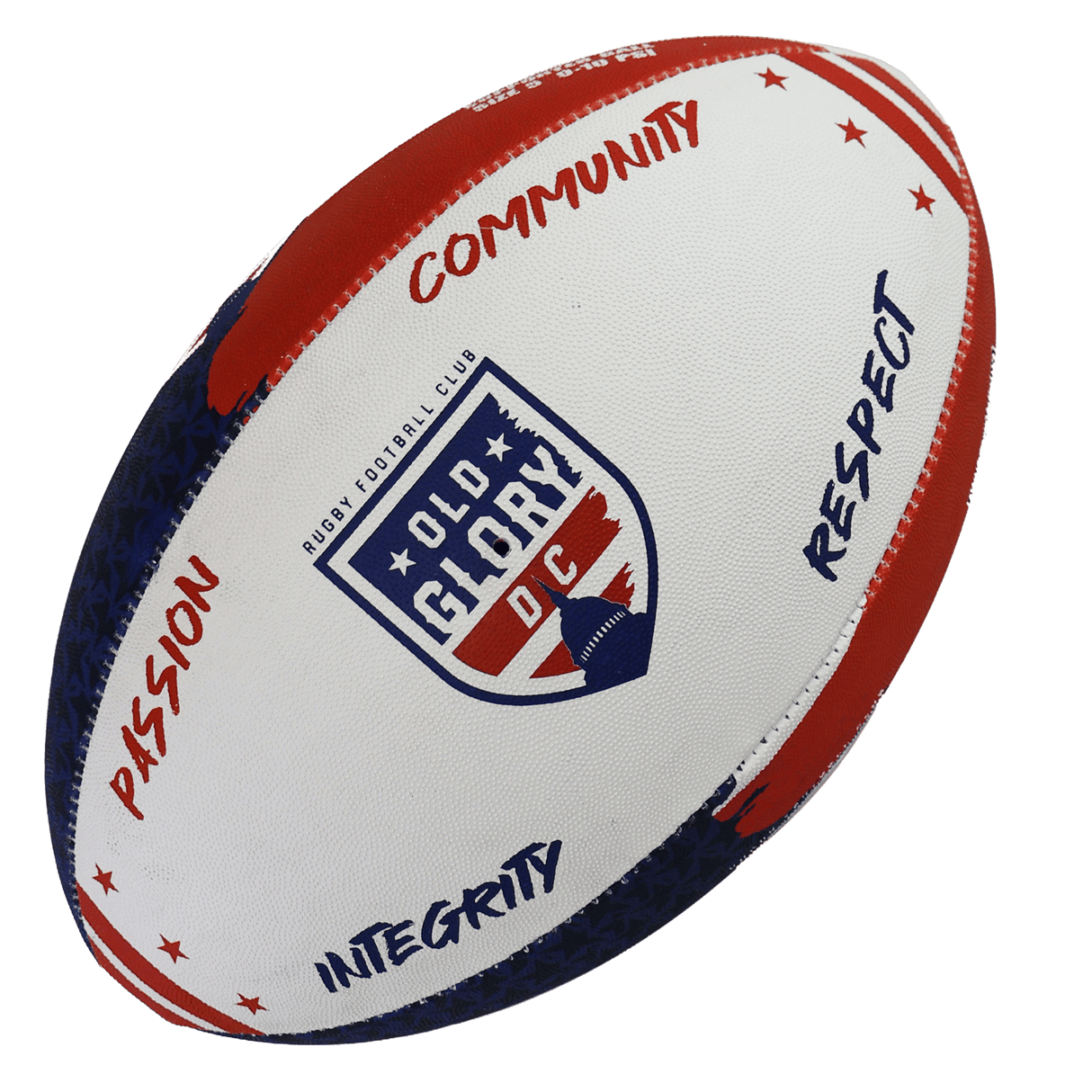 The Old Glory DC Supporter Ball by Gilbert is a white, red, and blue rugby ball with the team's logo and words "Passion," "Community," "Integrity," and "Respect"—perfect memorabilia for fans and collectors.