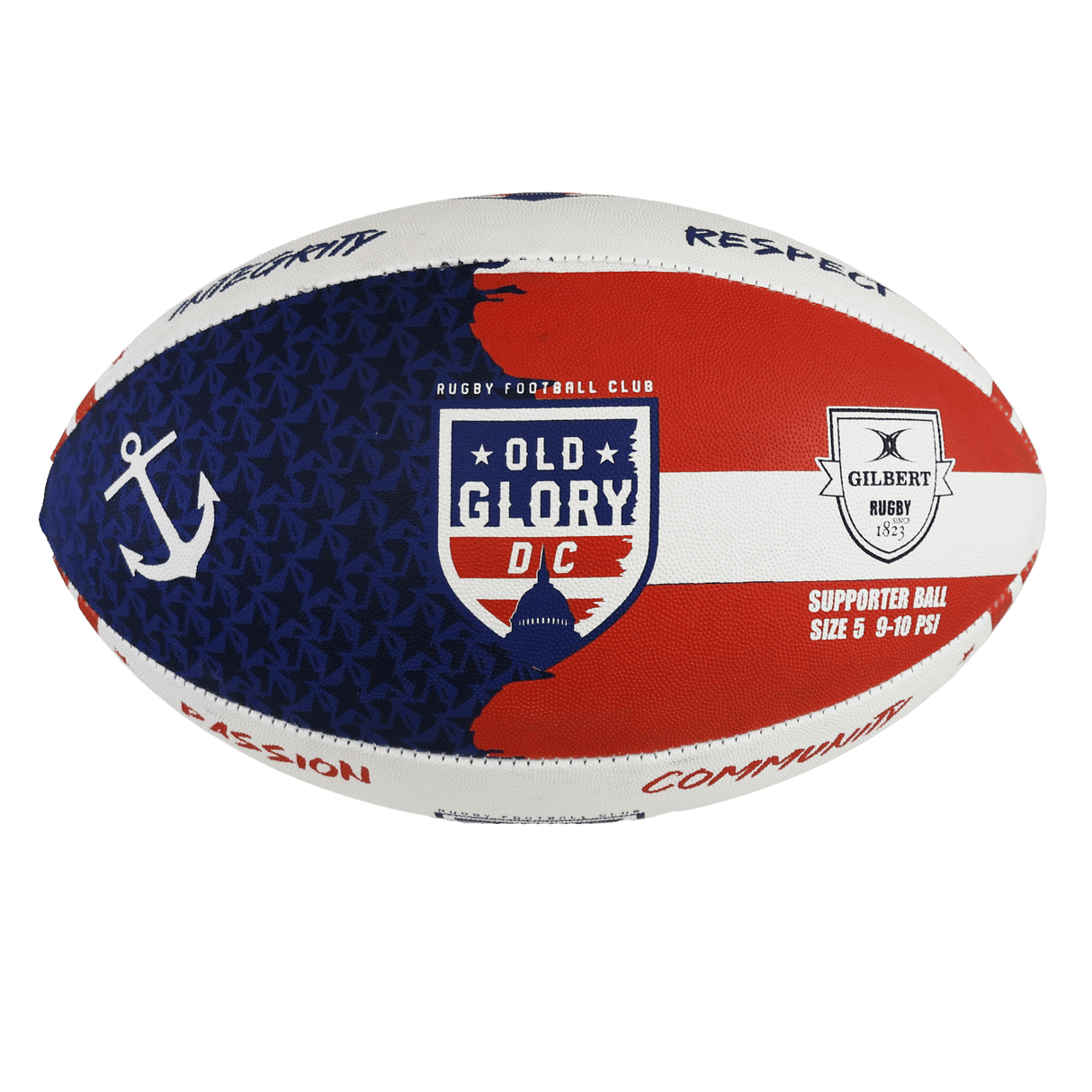 The Old Glory DC Supporter Ball by Gilbert showcases the "OLD GLORY DC" logo, anchor graphic, and red, white, blue colors. Features include "SUPPORTER BALL SIZE 5" and "GILBERT RUGBY." Brand: Gilbert.