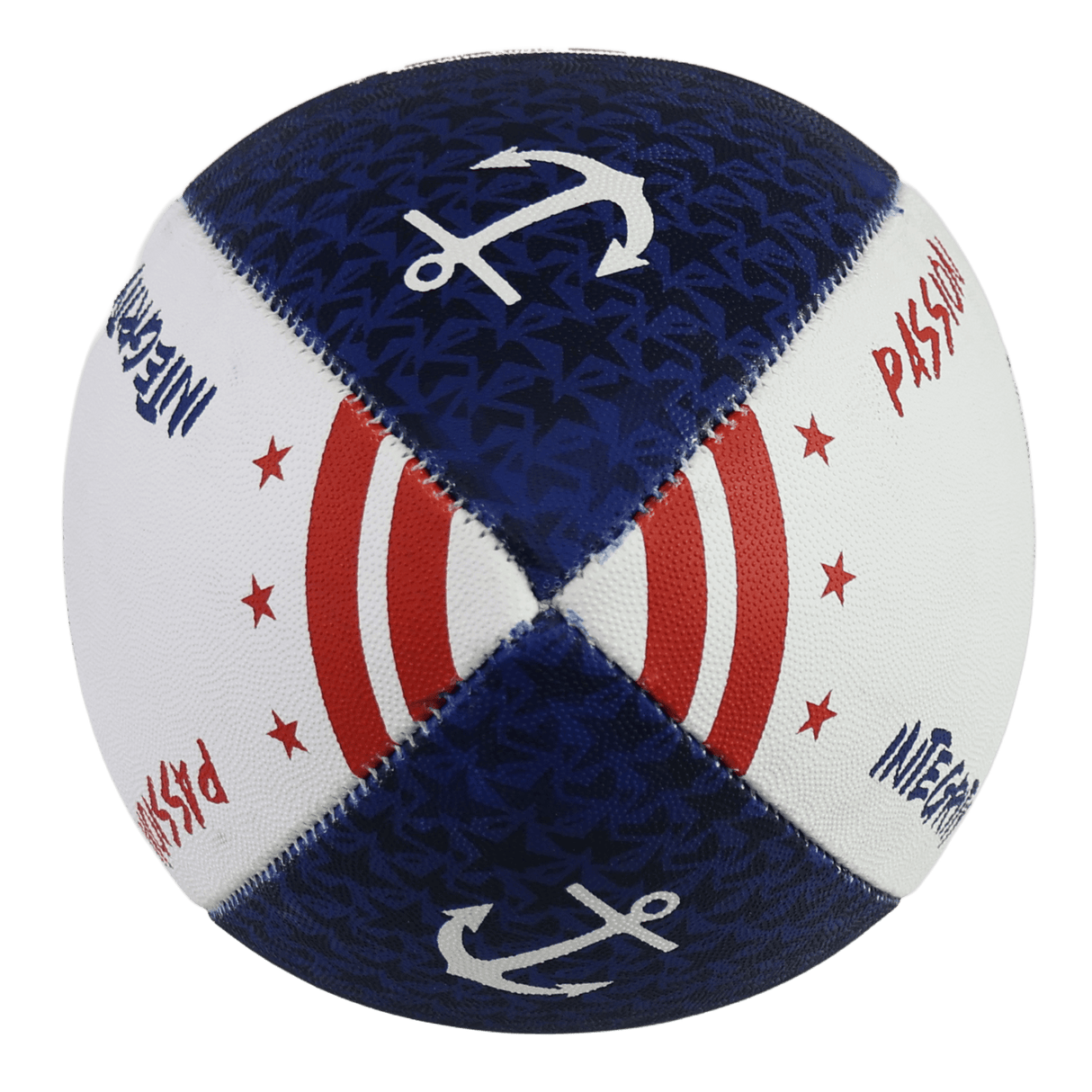 The Old Glory DC Supporter Ball by Gilbert features stitched blue and white panels; blue panels have white anchors, while white ones display red text, stars, and a target motif—an eye-catching rugby ball from Gilbert.