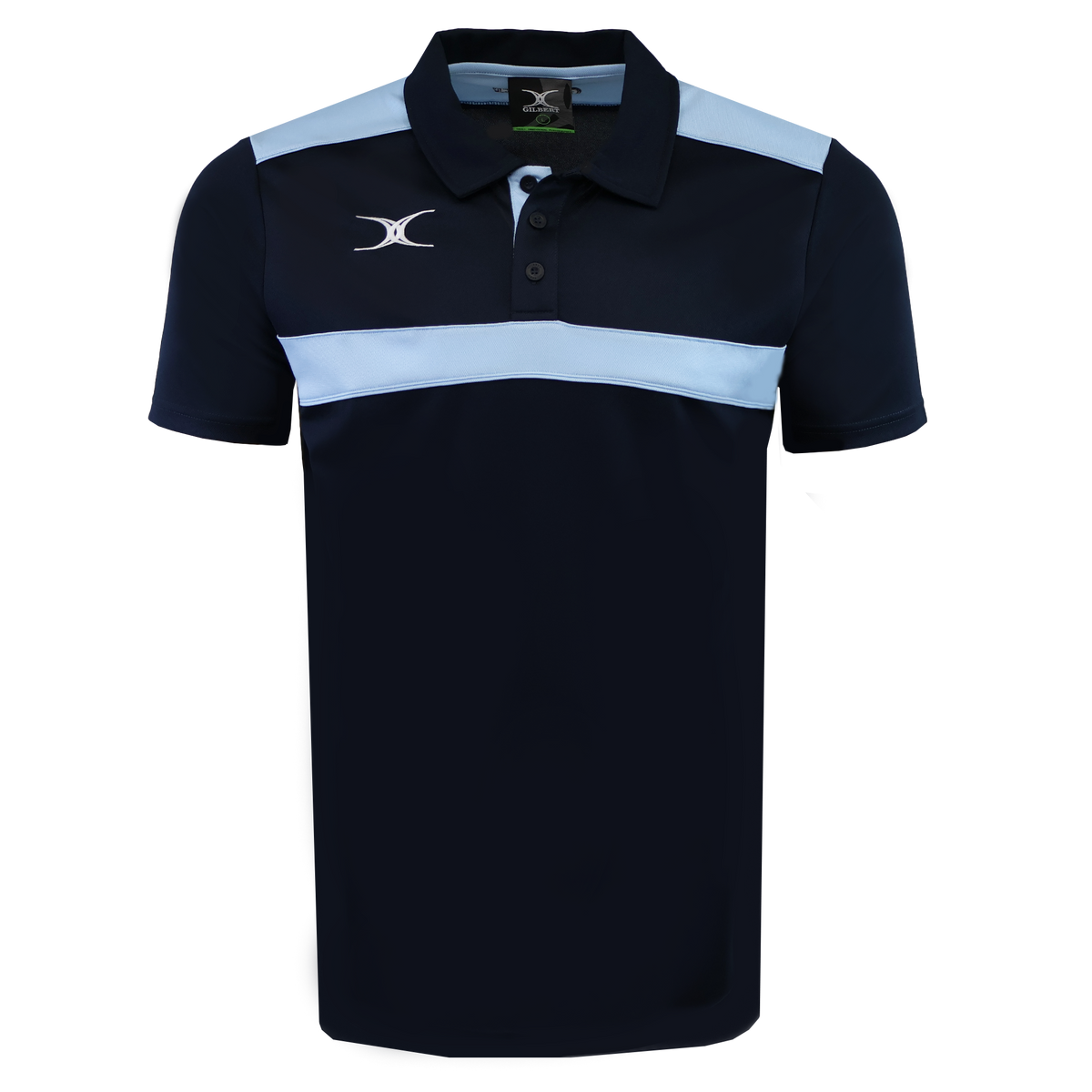The Gilbert Photon II Polo features a navy blue design with a light blue chest stripe, a buttoned collar, and a white Gilbert logo. Made from lightweight fabric for all-day comfort.