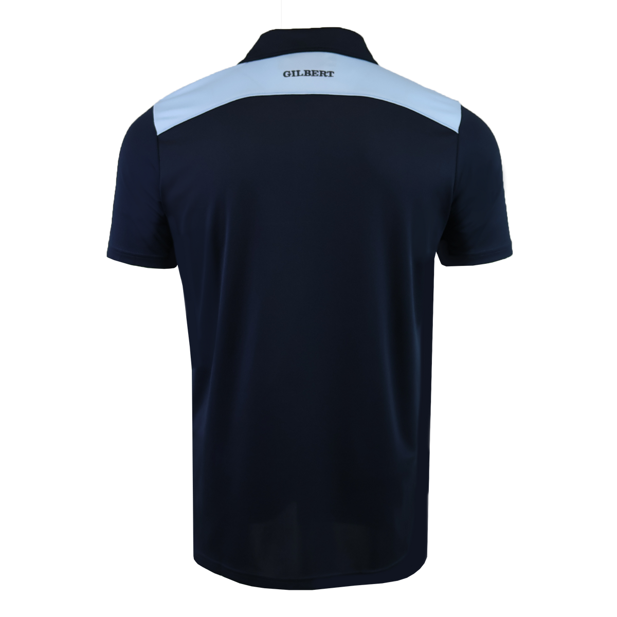 The Gilbert Photon II Polo is a navy blue short-sleeve polo with a light blue shoulder panel, "GILBERT" on the upper back, and lightweight, moisture-wicking fabric for all-day comfort.