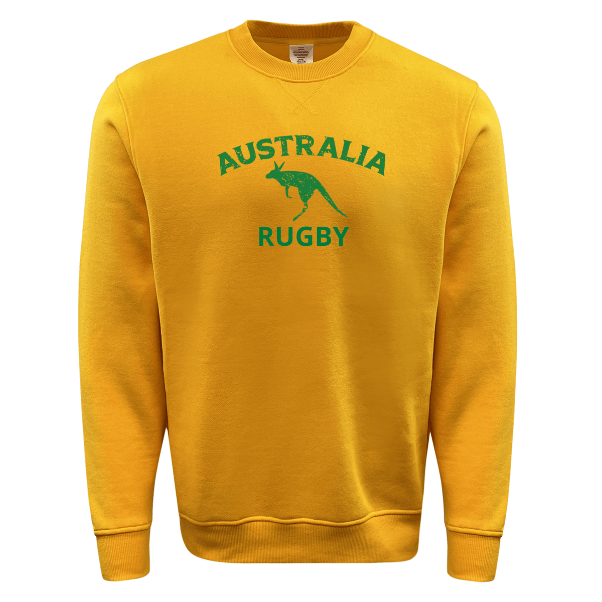 Yellow Nations of Rugby Australia Rugby fleece crewneck sweatshirt with WRS Augusta and a kangaroo graphic printed on the front, perfect for Aussie rugby enthusiasts.