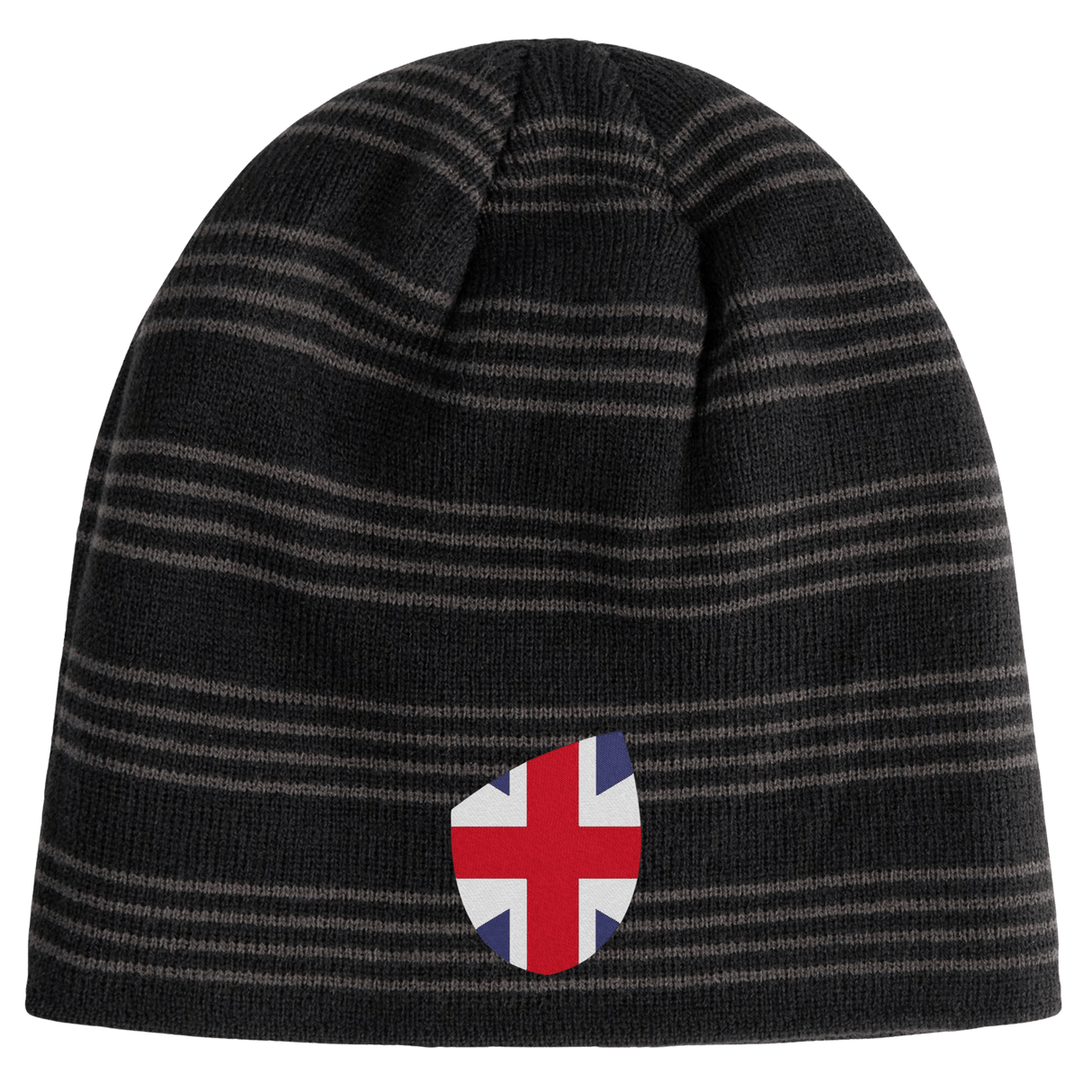 Just In: The Great Britain Shield Beanie by EMB Canterbury showcases a black and gray striped design with a British flag shield on the front.
