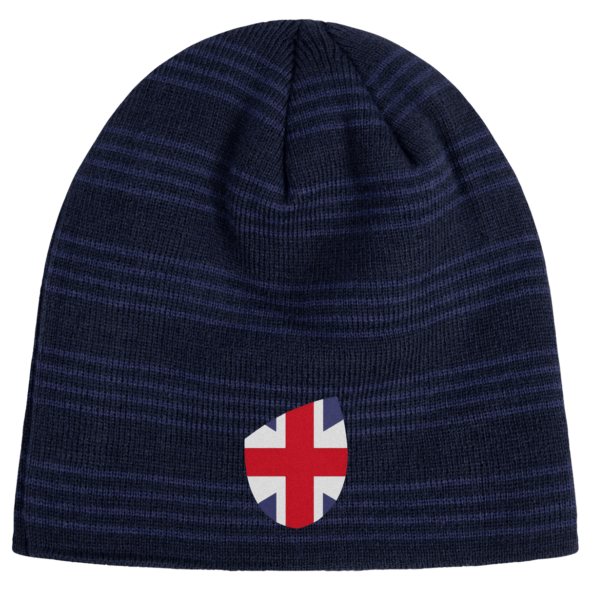 Introducing the EMB Canterbury Great Britain Shield Beanie: a blue knitted gem featuring a shield-shaped patch with a red, white, and blue cross design inspired by Great Britain's iconic flair.