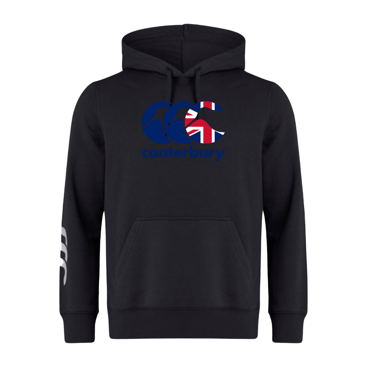 The Canterbury Great Britain CCC Flag Club Hoodie by WRS Canterbury is black, with the Union Jack on the chest and a CCC logo on the left sleeve, made from cozy sweatshirt fleece for ultimate comfort.