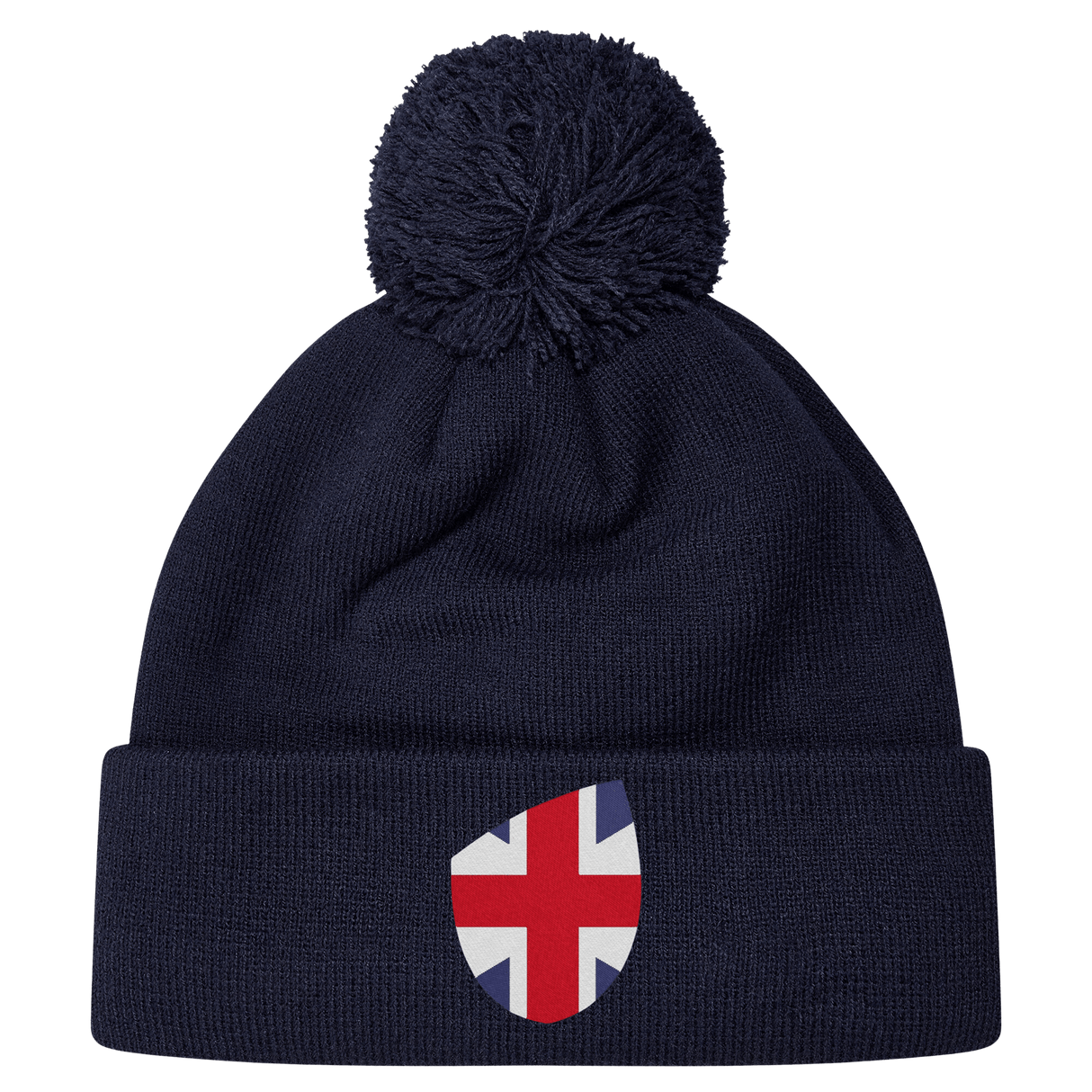 The EMB Canterbury Great Britain Shield Pom Pom Beanie is a dark blue knit hat featuring a pom-pom and a shield patch displaying the Union Jack, capturing the spirit of Great Britain.