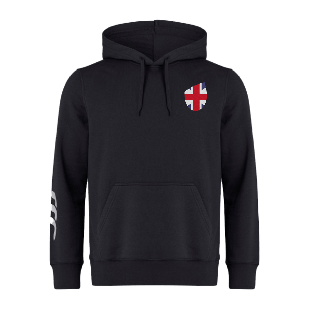 The EMB Canterbury Great Britain Shield Club Hoodie is a stylish black hoodie with a hood, drawstrings, and kangaroo pocket. It features the Great Britain Shield on the left chest and three white stripes on the right sleeve, along with subtle Canterbury branding.