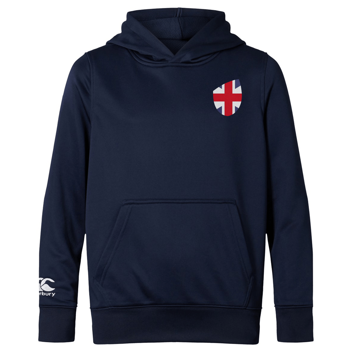 The EMB Canterbury Great Britain Shield Club Lightweight Hoodie in navy blue features a kangaroo pocket, a small Union Jack shield on the upper left chest, and a white logo on the left sleeve, ideal for style-conscious Great Britain rugby supporters.