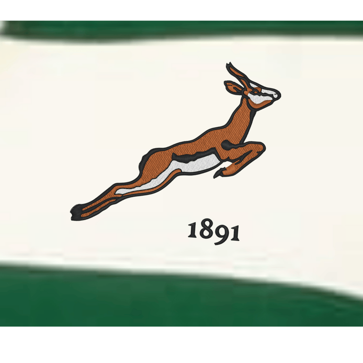 A leaping antelope above "1891" is centered on a white background with green borders, reflecting the EMB Augusta Women's Vintage South Africa Prep Street Rugby Crop and celebrating classic South Africa rugby heritage.
