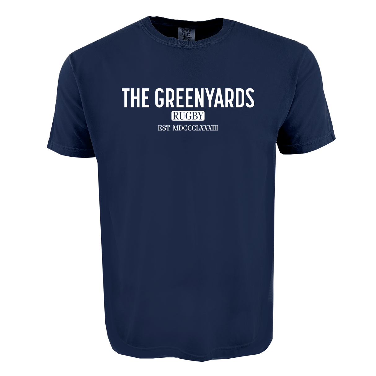 The Greenyards Stadium Tee by WRS S&S Activewear is a navy blue shirt featuring "THE GREENYARDS RUGBY EST. MDCCCLXXXIII" in white, honoring Melrose Rugby Football Club and the birthplace of rugby sevens.