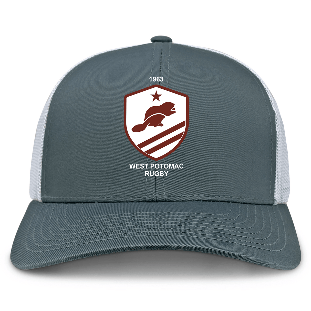 The West Potomac RFC Retro Trucker Cap by EMB S&S Activewear features a gray and white design with an embroidered beaver logo, star, and "1963 West Potomac Rugby" on the front, plus a classic snapback closure.