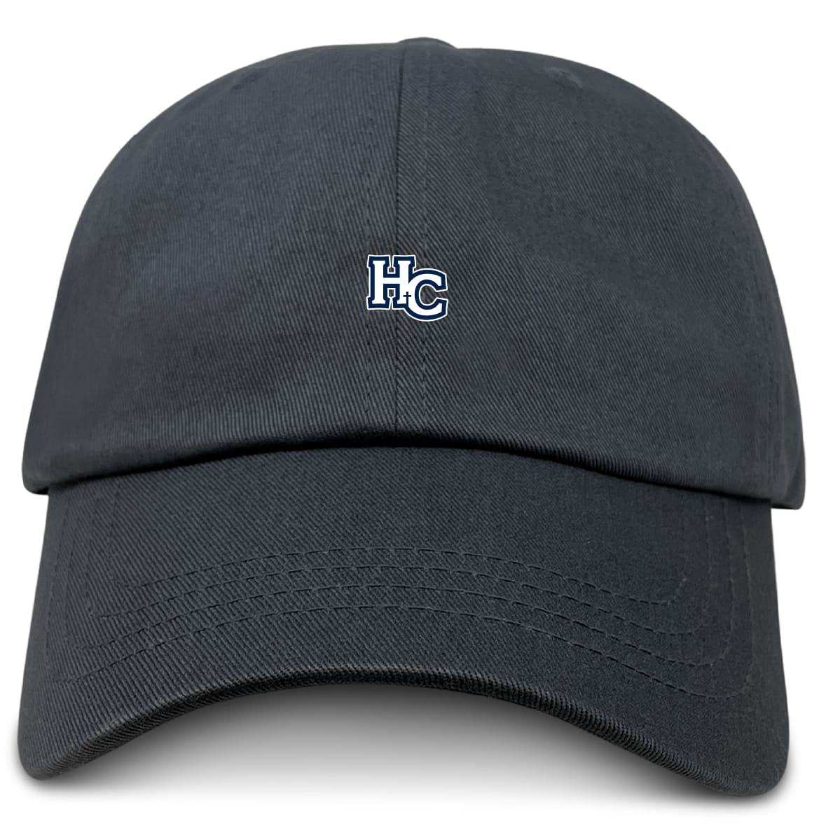 The Holy Cross Adult Low-Profile Cotton Twill Dad Cap by EMB S&S Activewear is a black hat with a small white and blue "HC" team logo embroidered on the front center.