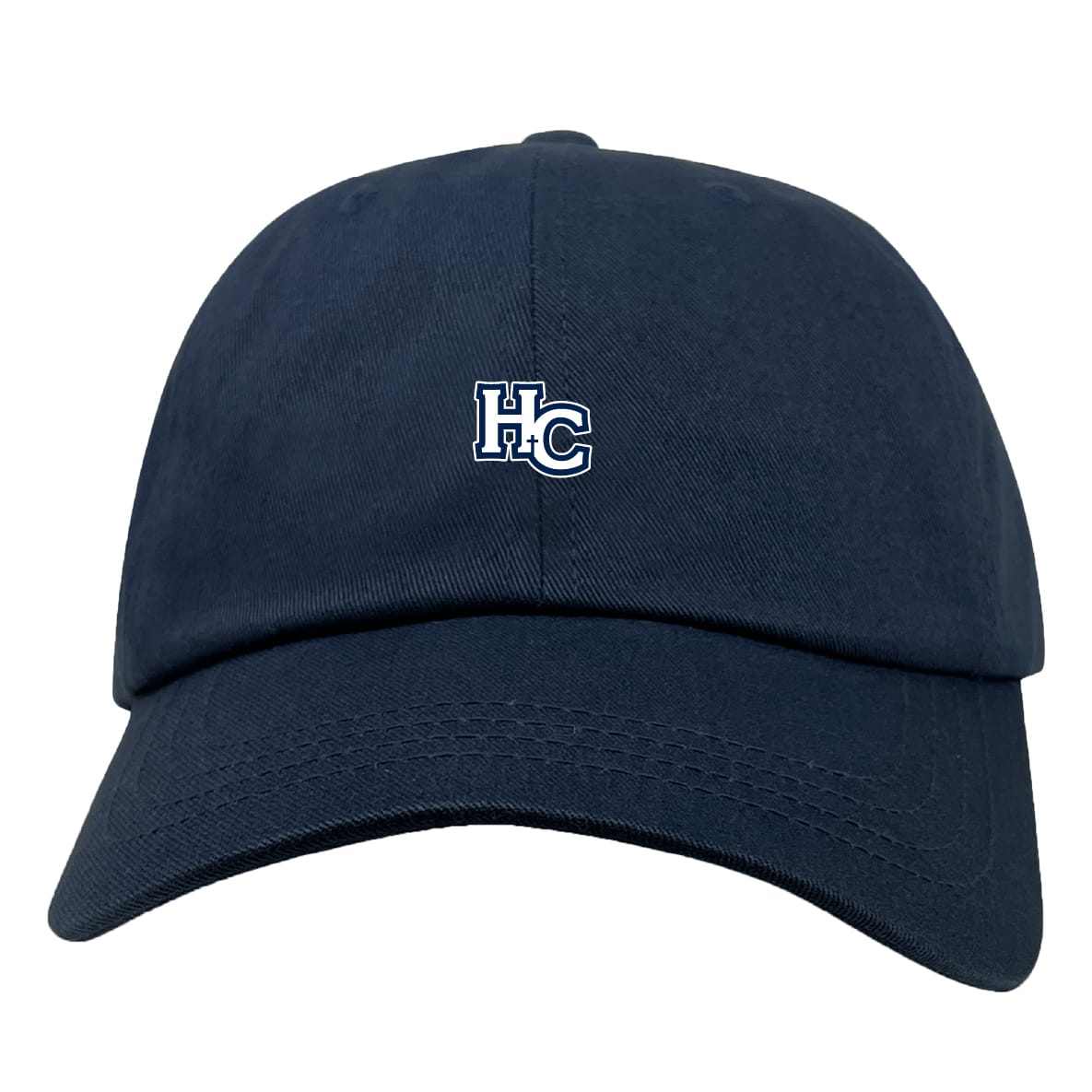 The Holy Cross Adult Low-Profile Cotton Twill Dad Cap by EMB S&S Activewear is a navy blue hat with a small white and blue "HC" embroidered on the front.