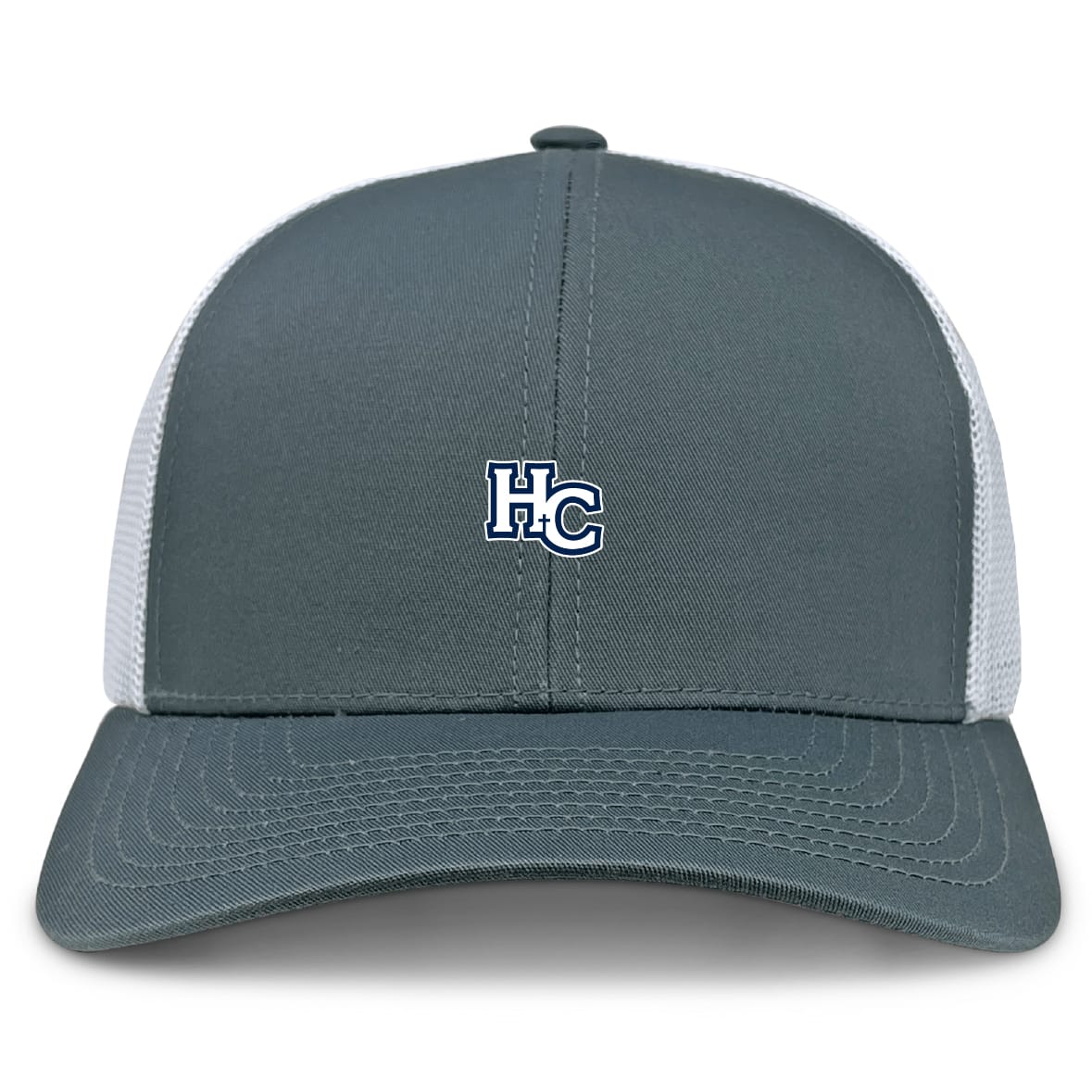 The Holy Cross Retro Trucker Cap by EMB S&S Activewear features a gray and white design, mesh back, blue and white embroidered "HC" front, and adjustable snapback closure.