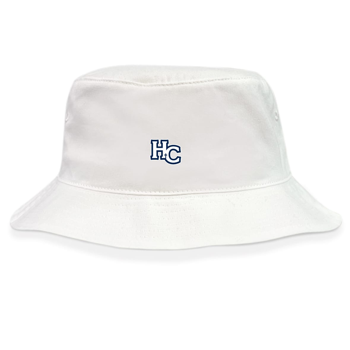 The Holy Cross Crusher Bucket Cap by EMB S&S Activewear is a white cotton twill hat featuring a small blue "HC" logo embroidered on the front for stylish sun protection.