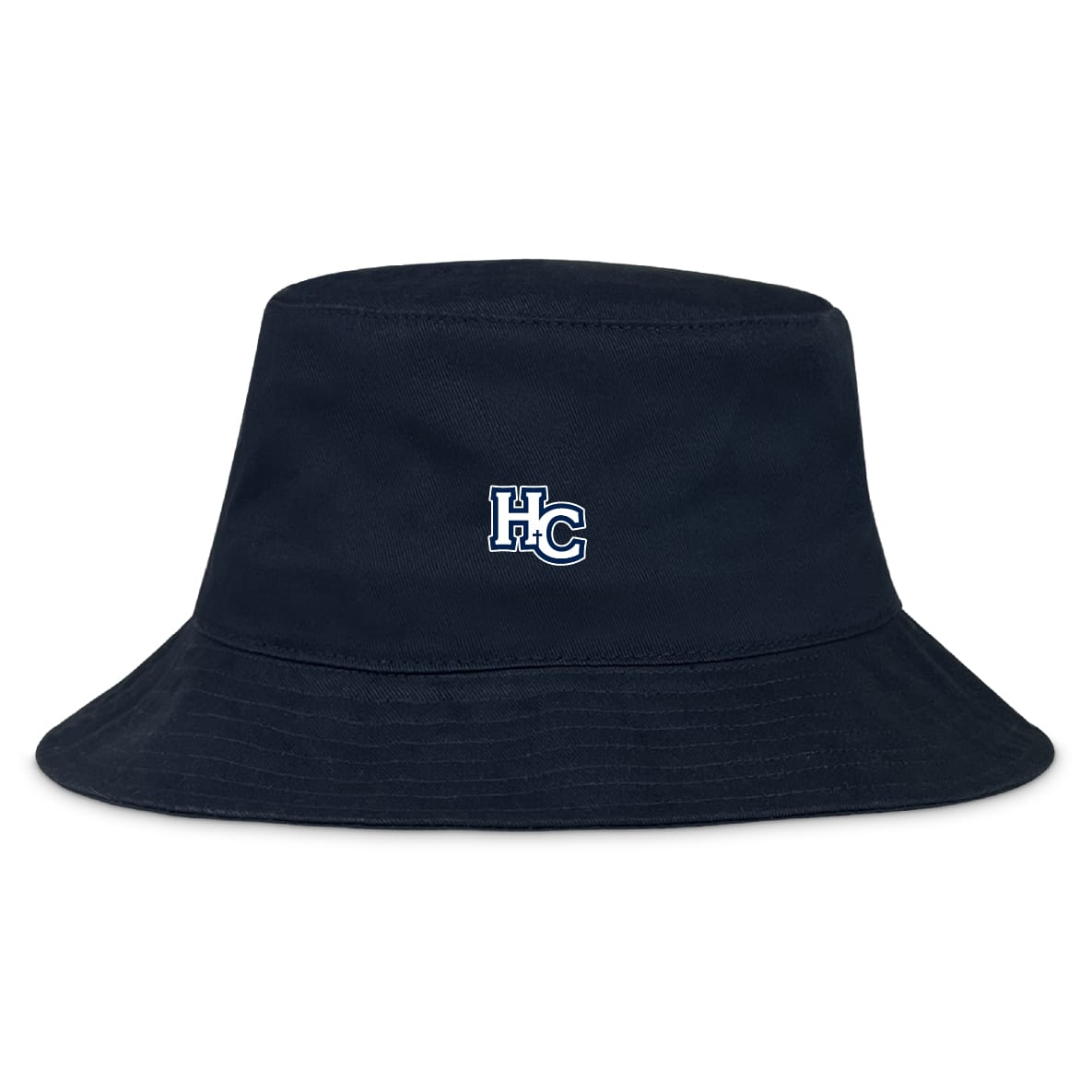 The Holy Cross Crusher Bucket Cap by EMB S&S Activewear is a black cotton twill hat featuring "HC" in white and blue embroidery on the front, blending classic style with sun protection.