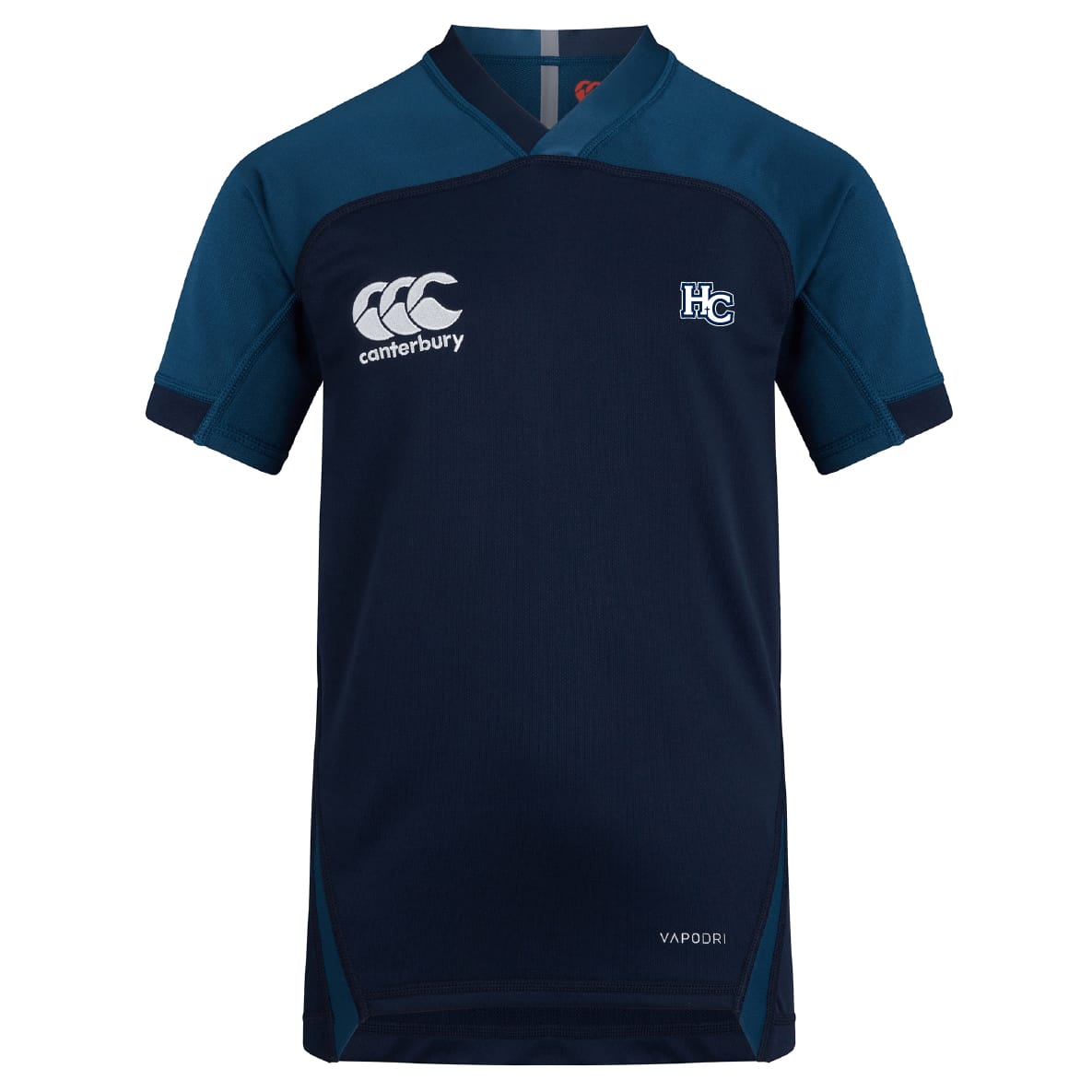 The EMB Canterbury Holy Cross Vapodri Evader Jersey features a navy and dark blue design, short sleeves, "Canterbury" and "HC" chest logos, "Vapodri" near the hem, and advanced moisture-wicking technology for superior comfort.