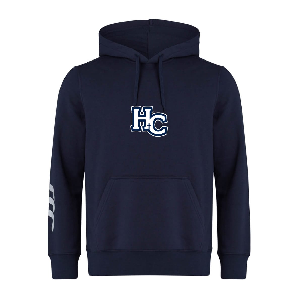 The Holy Cross Club Hoodie by Canterbury features a navy design with front pocket, drawstring hood, "HC" chest logo, and three white stripes on the left sleeve. Brand: WRS Canterbury.