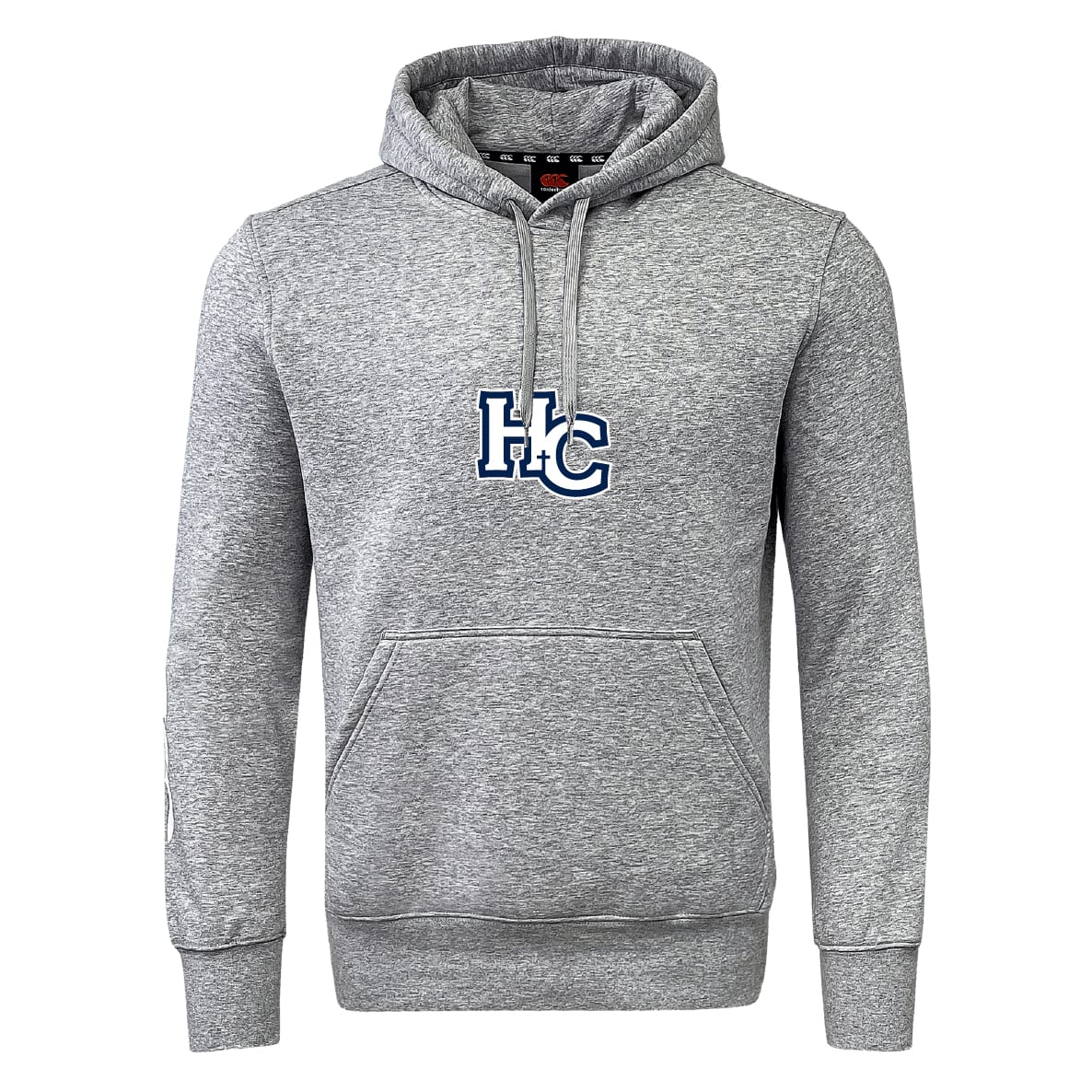 The Holy Cross Club Hoodie by Canterbury from WRS Canterbury features a gray classic rugby hoodie style with a front pocket and a blue and white "HC" logo on the chest.