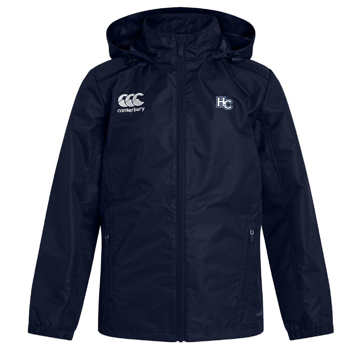 The Holy Cross Club Vaposhield Stadium Jacket by EMB Canterbury features padded insulation, a navy blue design, white Canterbury and "HC" chest logos, a zippered front, and side pockets.