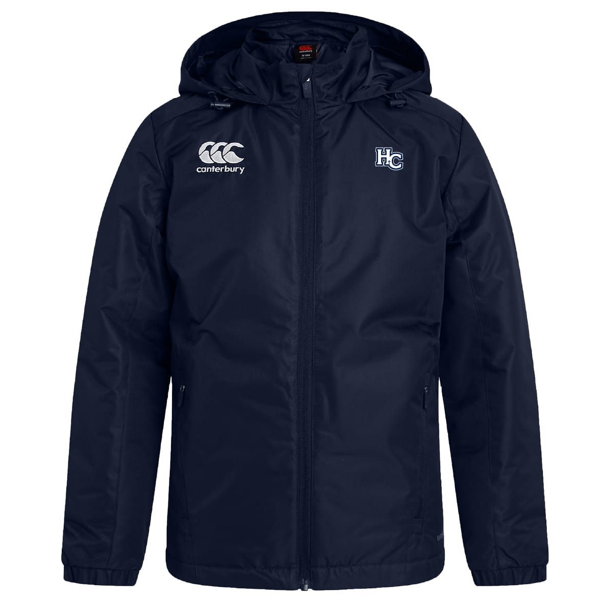 The EMB Canterbury Holy Cross Club Vaposhield Full Zip Rain Jacket is navy blue, water resistant, and features a front zipper, Canterbury logo on the right chest, and "HC" emblem on the left chest.