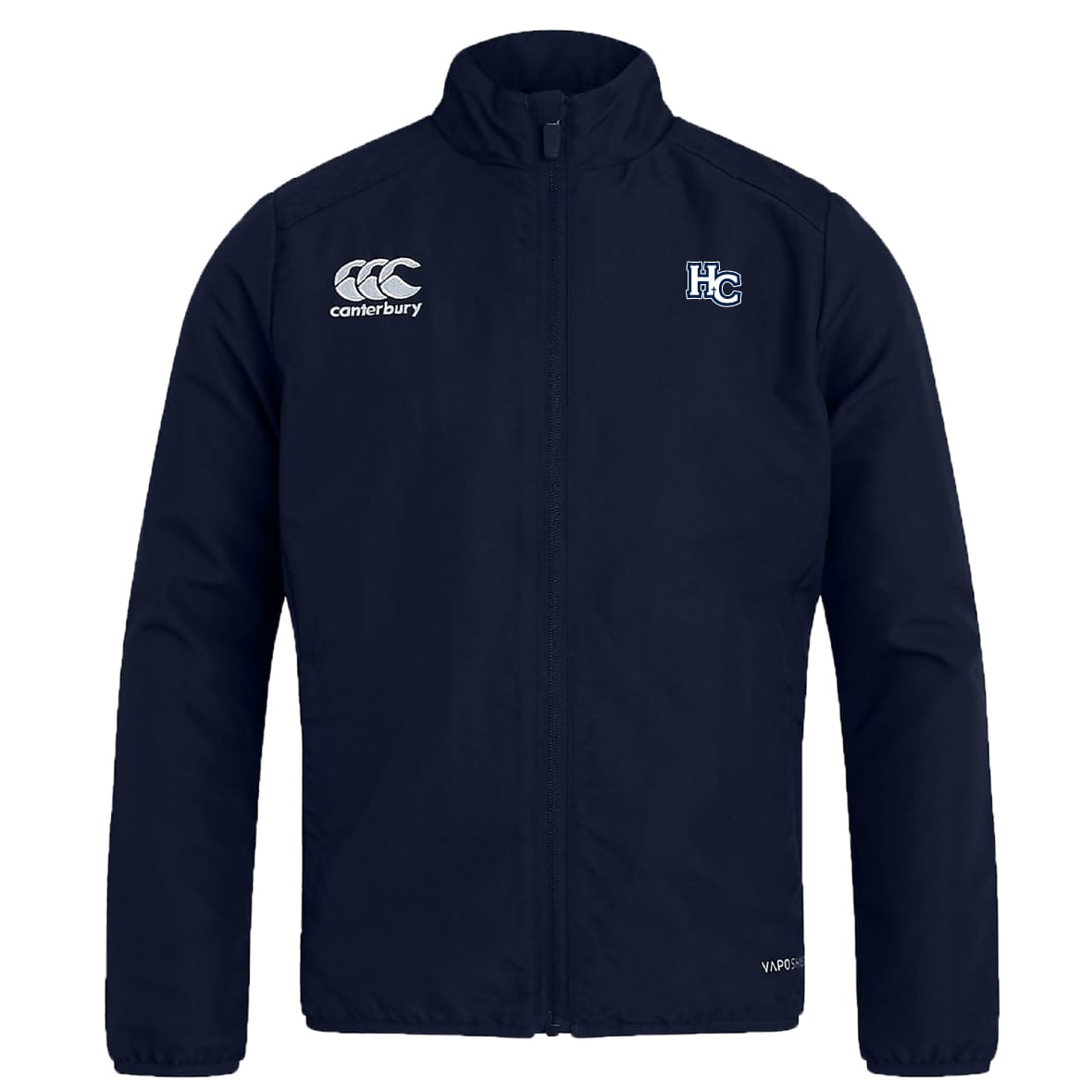 The Holy Cross Club Track Jacket by EMB Canterbury features a zip front, "Canterbury" logo on the right chest, and "HC" emblem on the left. This lightweight navy jacket is ideal for everyday wear.