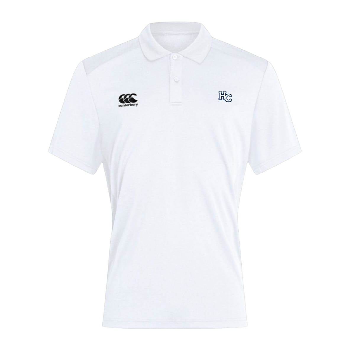 The Holy Cross Club Dry Polo by EMB Canterbury is a white short-sleeve polo with a collar, black Canterbury logo on the right chest, and blue "HC" initials on the left. Made with Vapodri Technology for cool, breathable comfort.