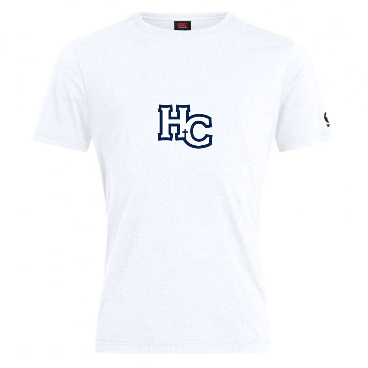 The Holy Cross Club Plain Tee by Canterbury from WRS Canterbury features bold navy "HC" on the chest and a small black logo on the left sleeve—a stylish, customizable cotton blend t-shirt for any occasion.