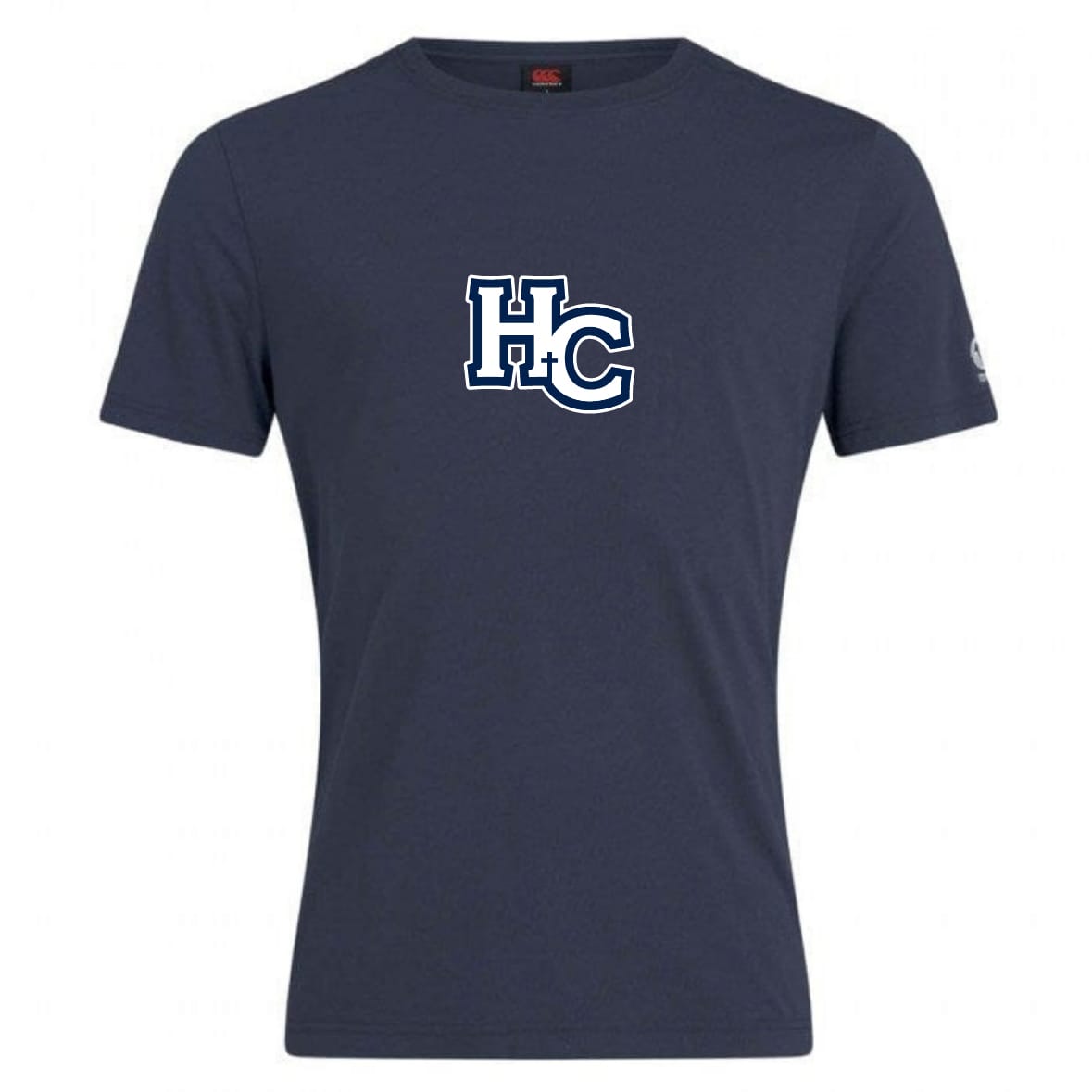The Holy Cross Club Plain Tee by WRS Canterbury is a navy blue cotton blend t-shirt with "HC" in white and blue outlined font centered on the chest.