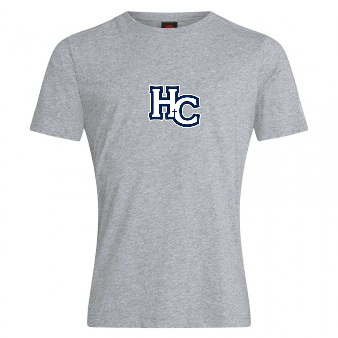 The Holy Cross Club Plain Tee by Canterbury from WRS Canterbury is a grey cotton blend short-sleeve shirt featuring a large blue "HC" logo with white and navy outline on the chest, offering customizable classic comfort and style.